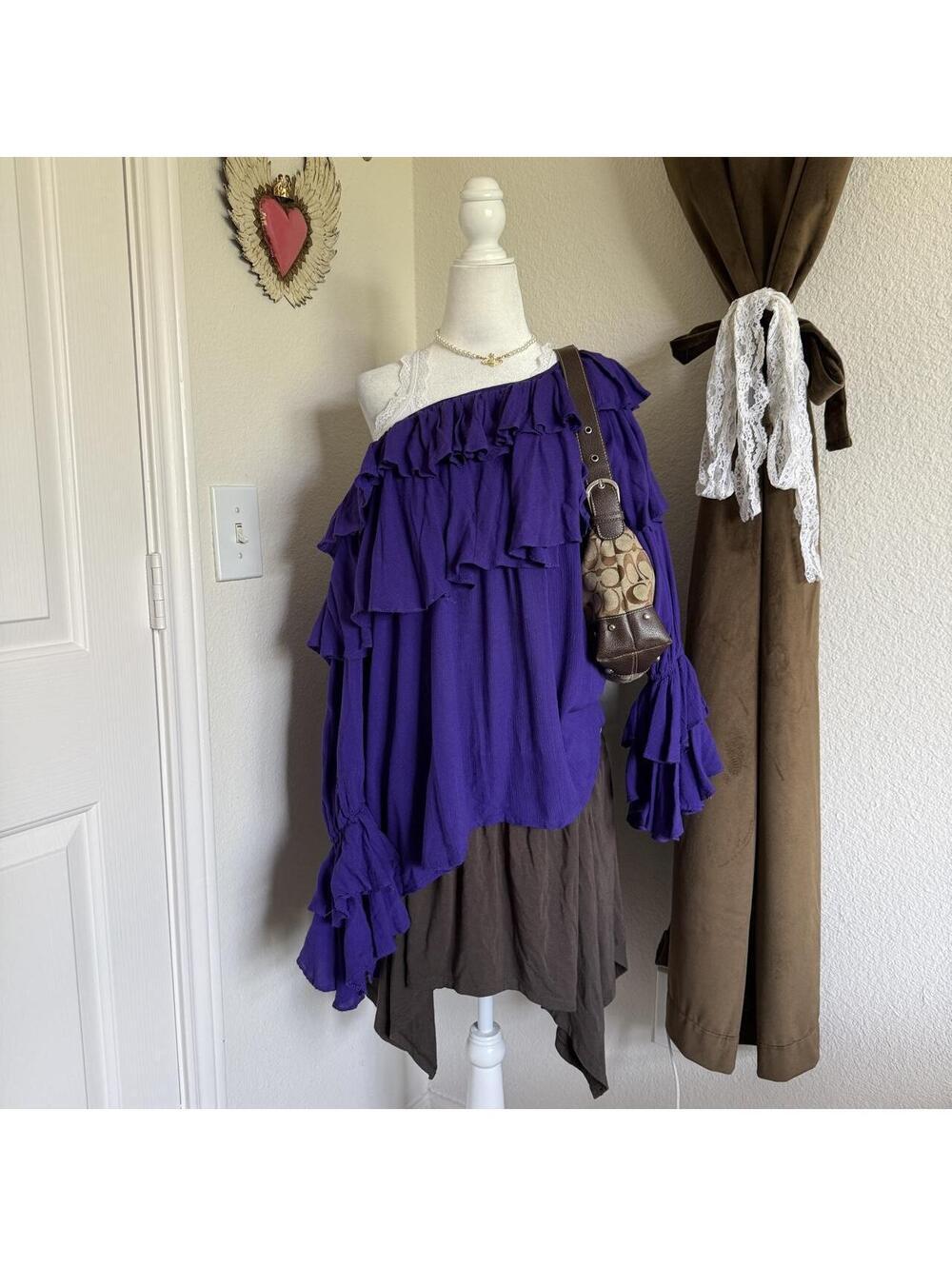 Vintage 90s Ruffled Flare Sleeve Blouse Women's S Purple Whimsical Boho Festival